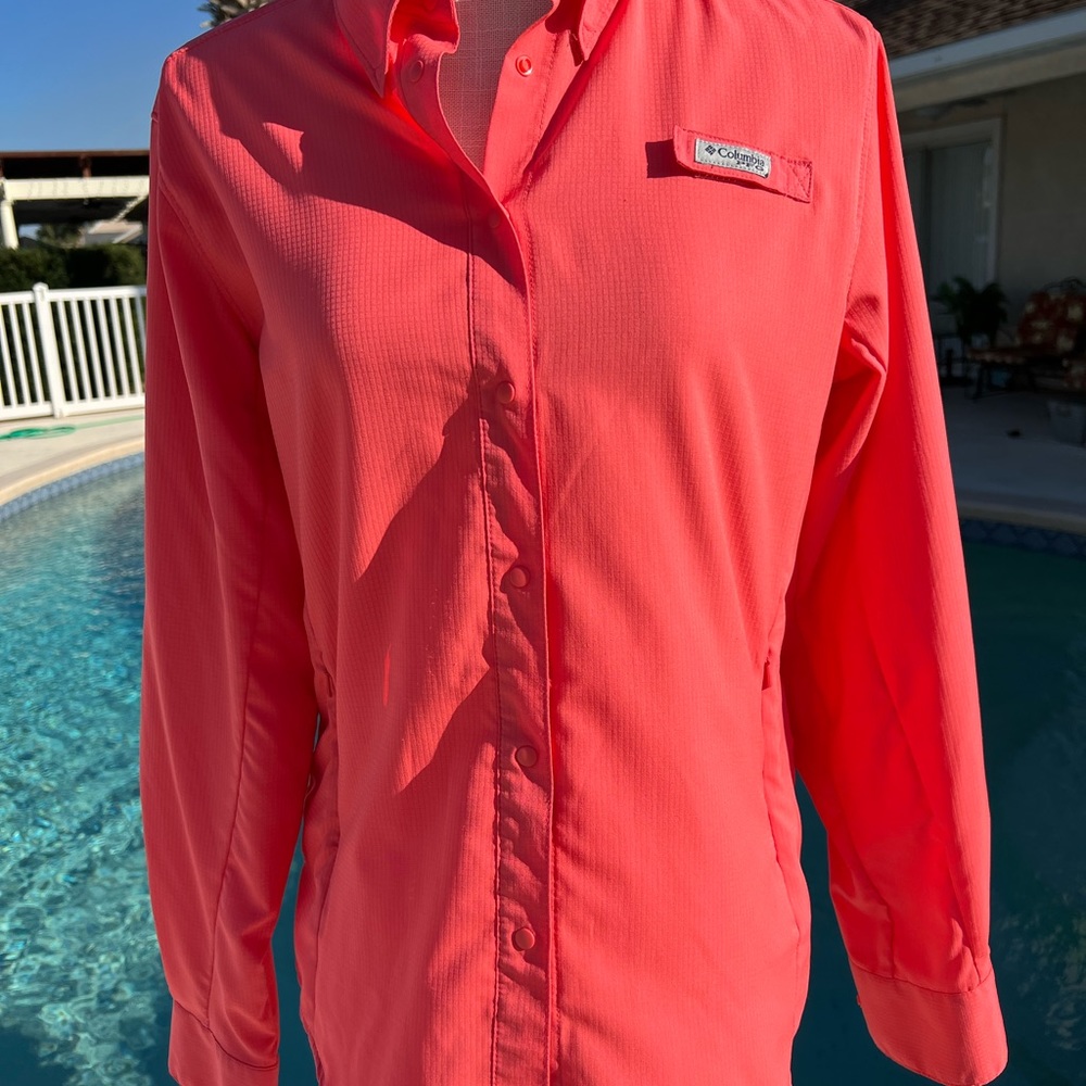 Columbia Performance Fishing Gear Long Sleeve Orange Shirt Medium